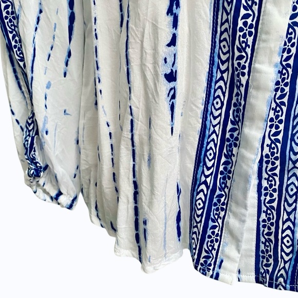 Chico’s Tie Dye Striped Floral Tassel Blouse 0P S White Blue Boho Coastal Top - Picture 3 of 14